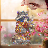 Cozy Raccoon Acrylic Suncatcher, Stained Glass Style Autumn Animal with Scarf and Coffee Window Hanging, Fall Woodland Home Decor Gift